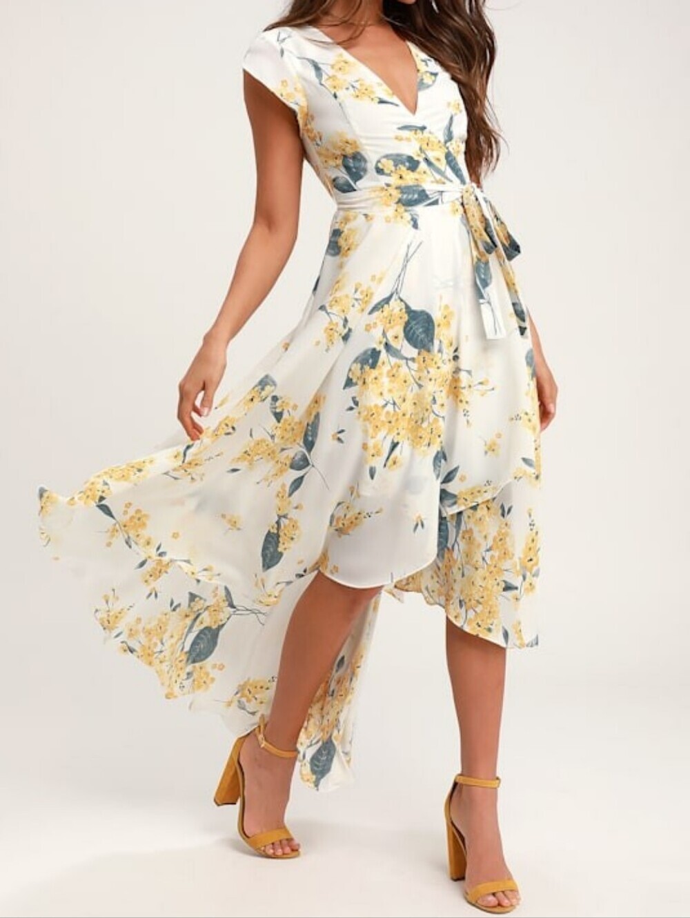Lulu's White-yellow Floral Wrap High-low French Country Side Maxi Dress..Size:M
